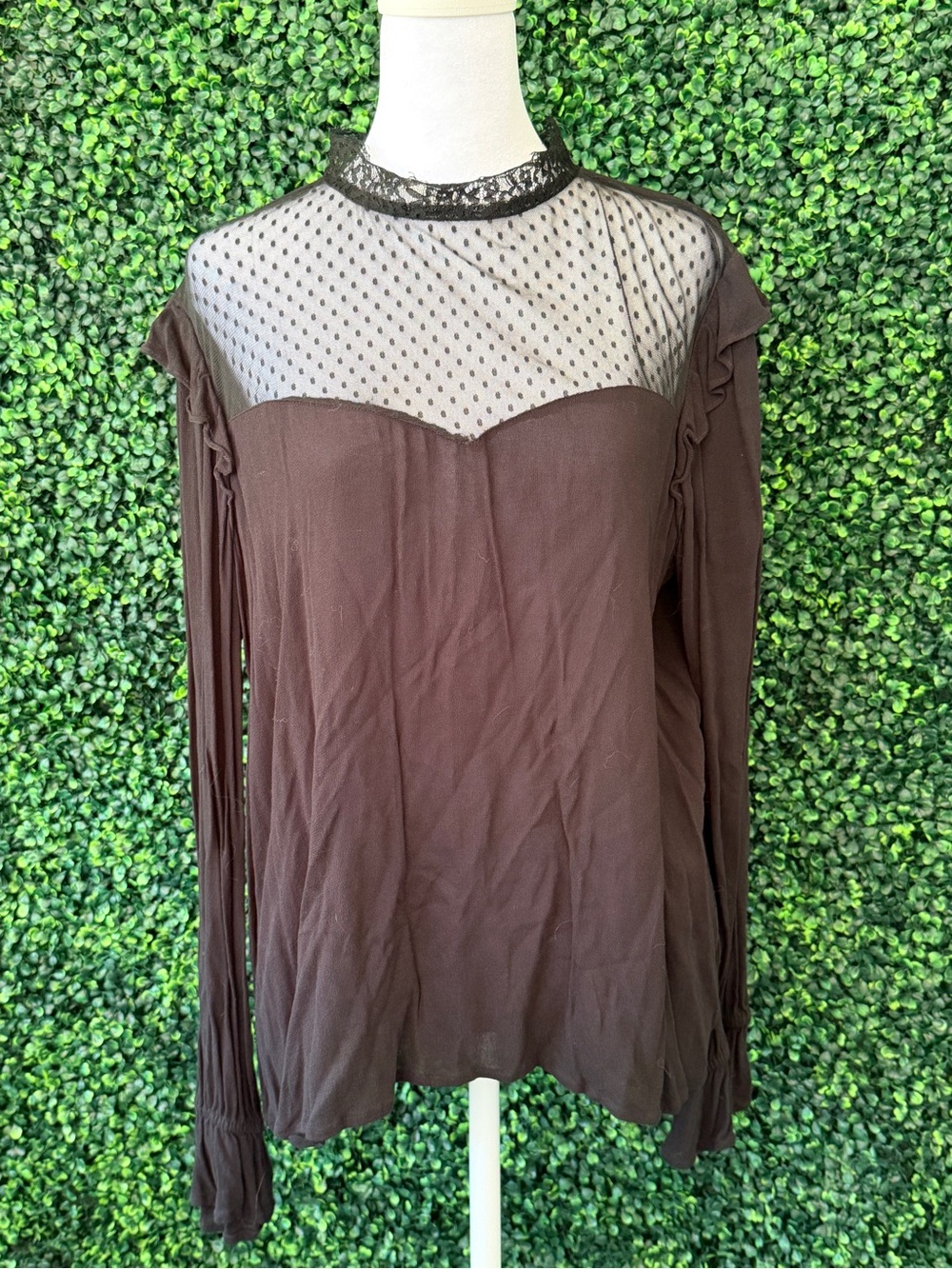 Express black Long Sleeve Top with Sheer Polka Dot Yoke and Lace Neck